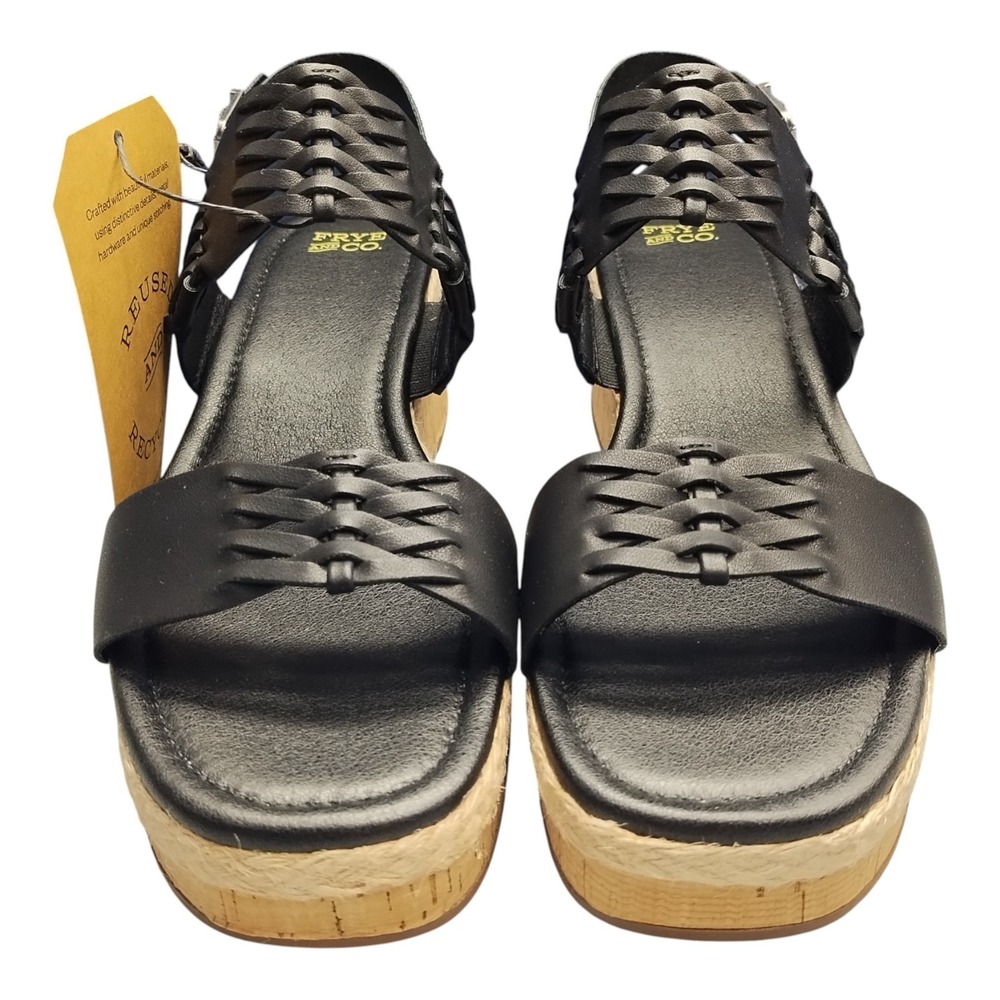 Frye and Co. Lavish Slingback Sandals Womens US 10M Black Tan Wedge Buckle Strap